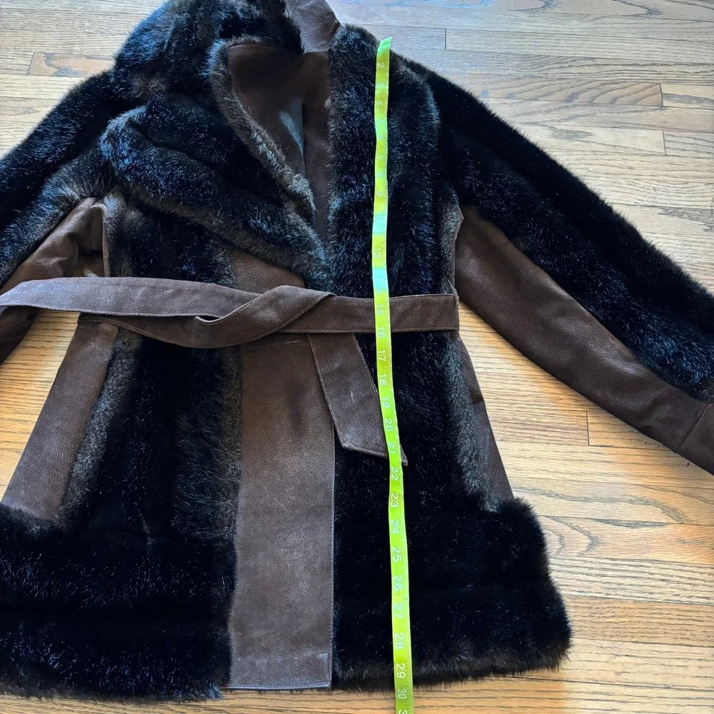 Vintage Rosewin Tissavel Brown Faux Fur Suede Belted Mid Coat Jacket Womens M‎ L